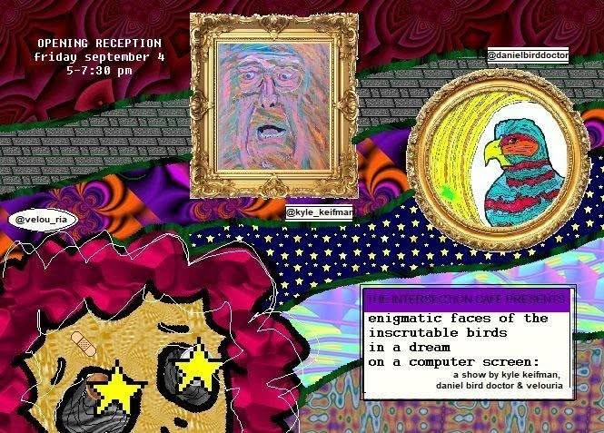 enigmatic faces of the inscrutable birds in a dream on a computer screen- Art Opening
